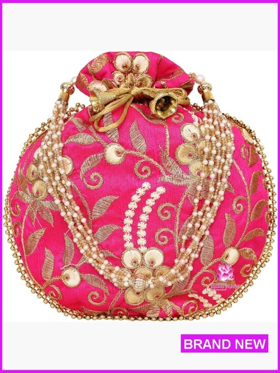 Handbags - Ethnic Potli Bag Pearl Handle Floral Clutch Drawstring Closure Wristlet